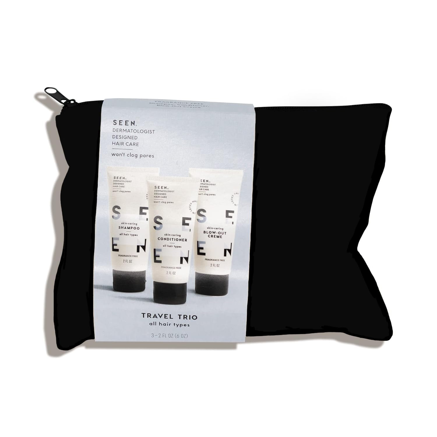 SEEN front packaging showing trio set for travel, compact and gentle benefits