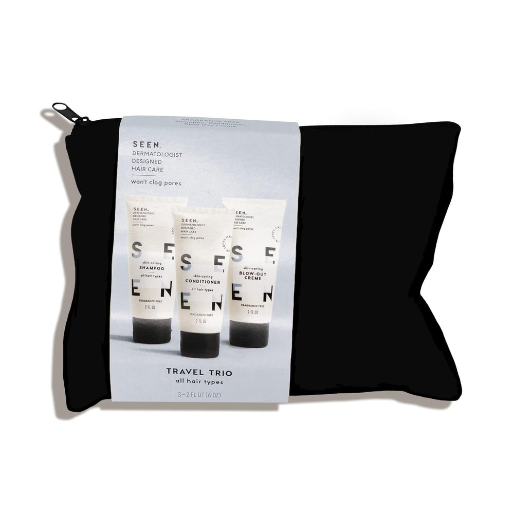 SEEN front packaging showing trio set for travel, compact and gentle benefits