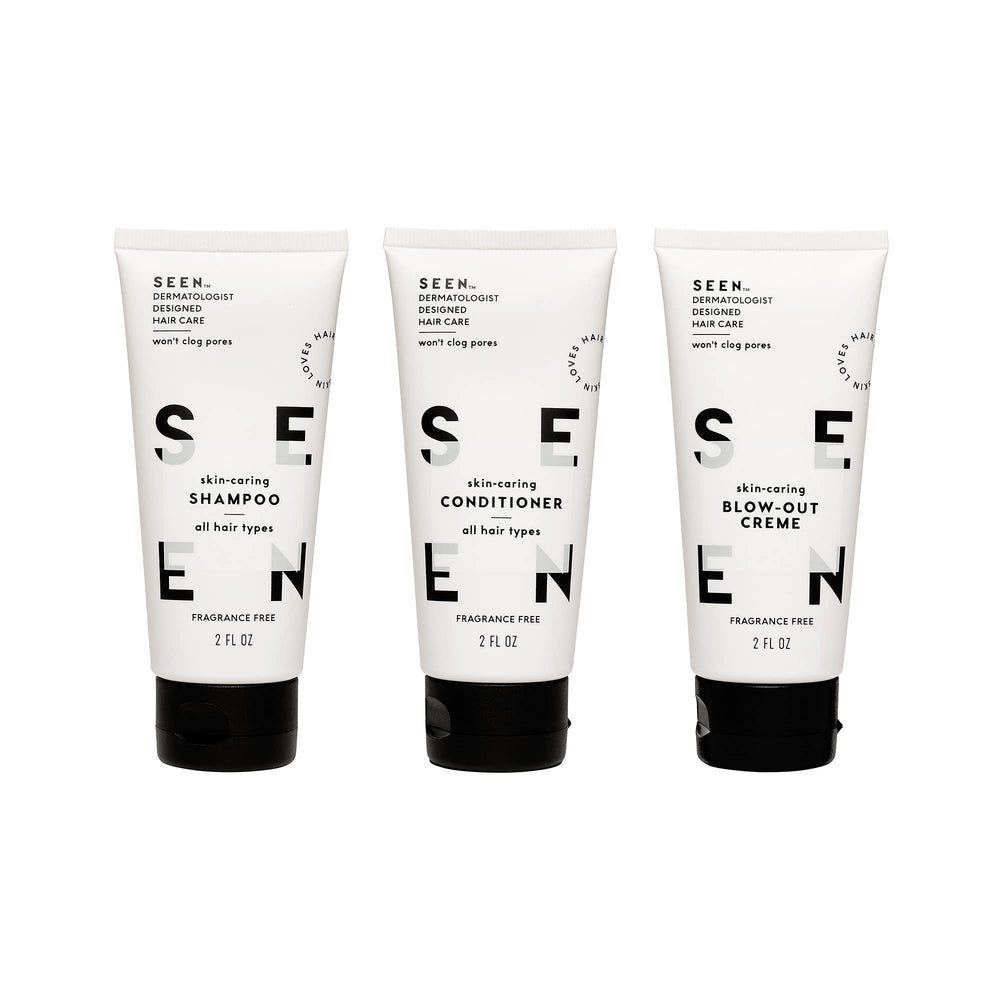 SEEN three mini bottles lined up, travel-ready and safe for sensitive skin