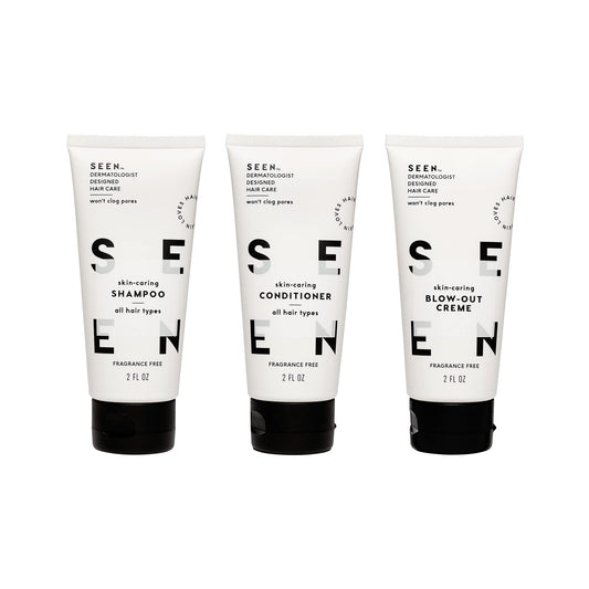 SEEN three mini bottles lined up, travel-ready and safe for sensitive skin