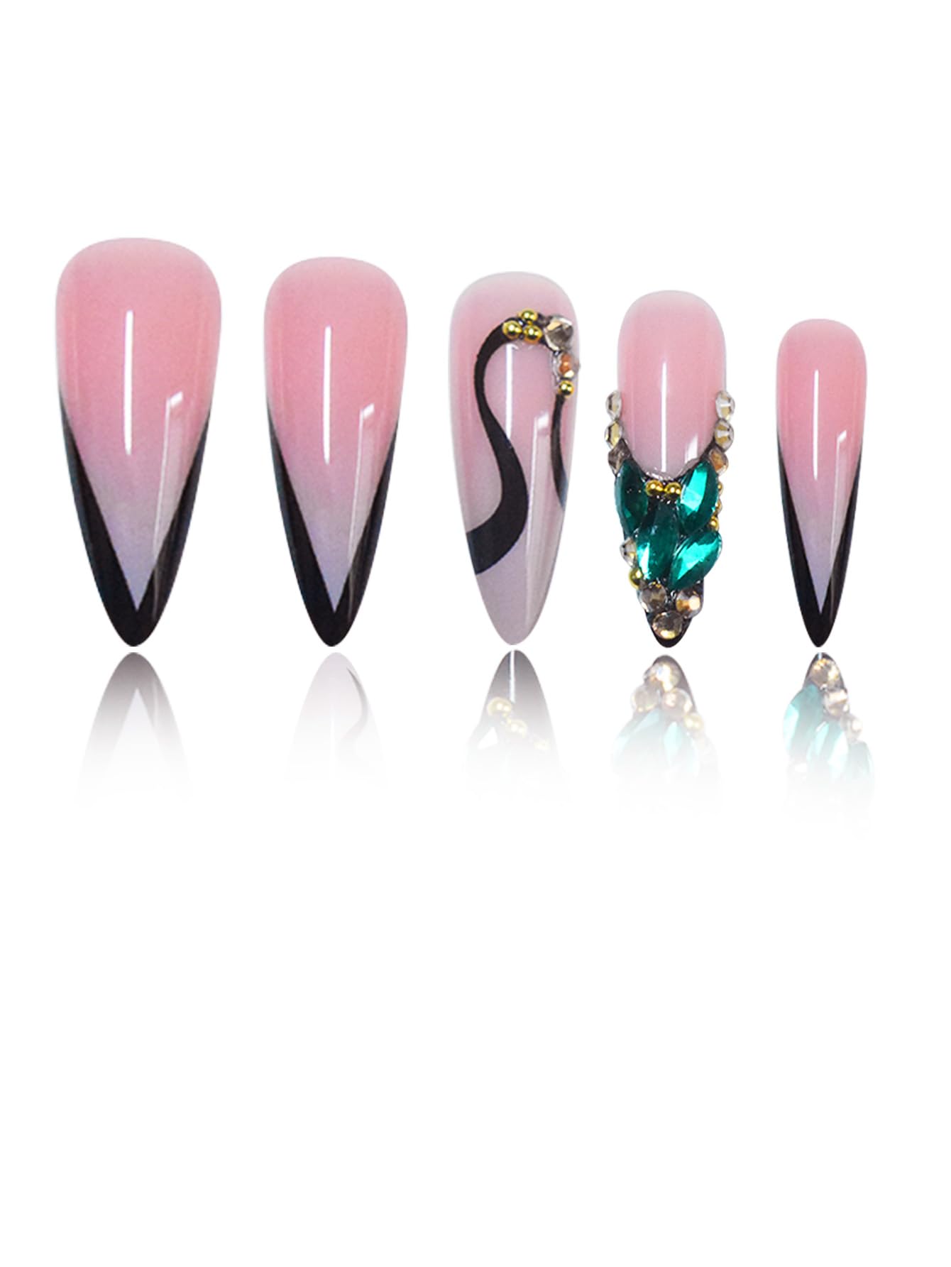 SEENEEY close-up of green rhinestones on pink French tips, eye-catching sparkle