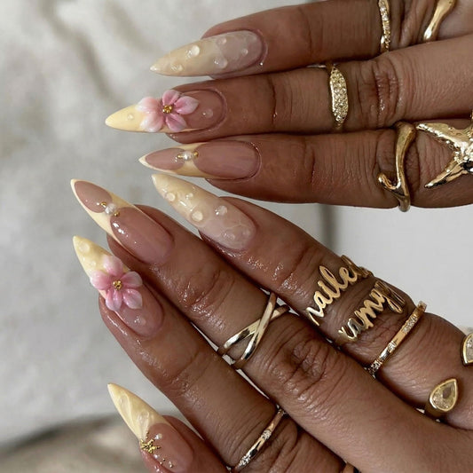 SEENEEY close-up of pink floral accent nail revealing fine artwork and feminine appeal
