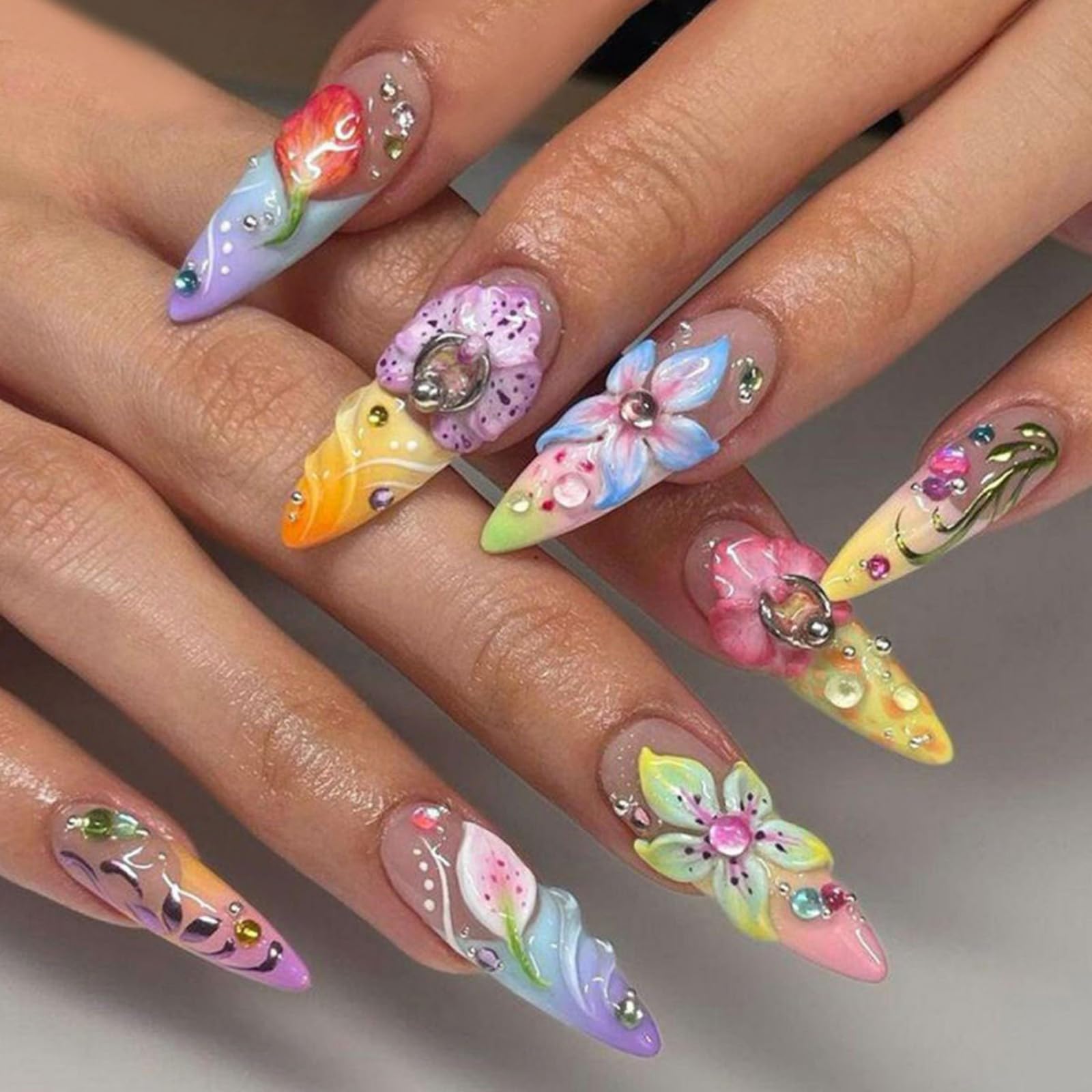 SEENEEY front packaging view showing almond floral press-on nails, ready to wear