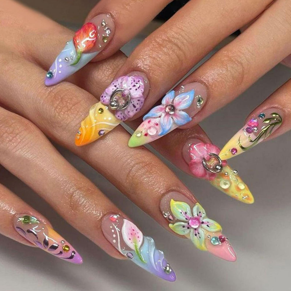 SEENEEY front packaging view showing almond floral press-on nails, ready to wear