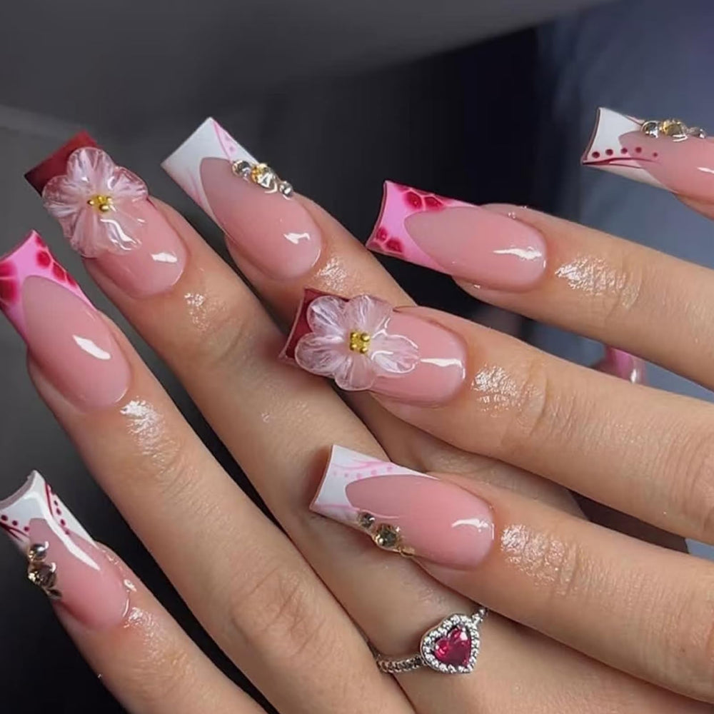 SEENEEY front packaging showing 24 red French tip press-on nails and accessories