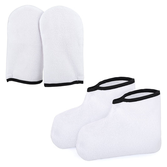 Segbeauty front view of mitts and booties showing full set and benefits