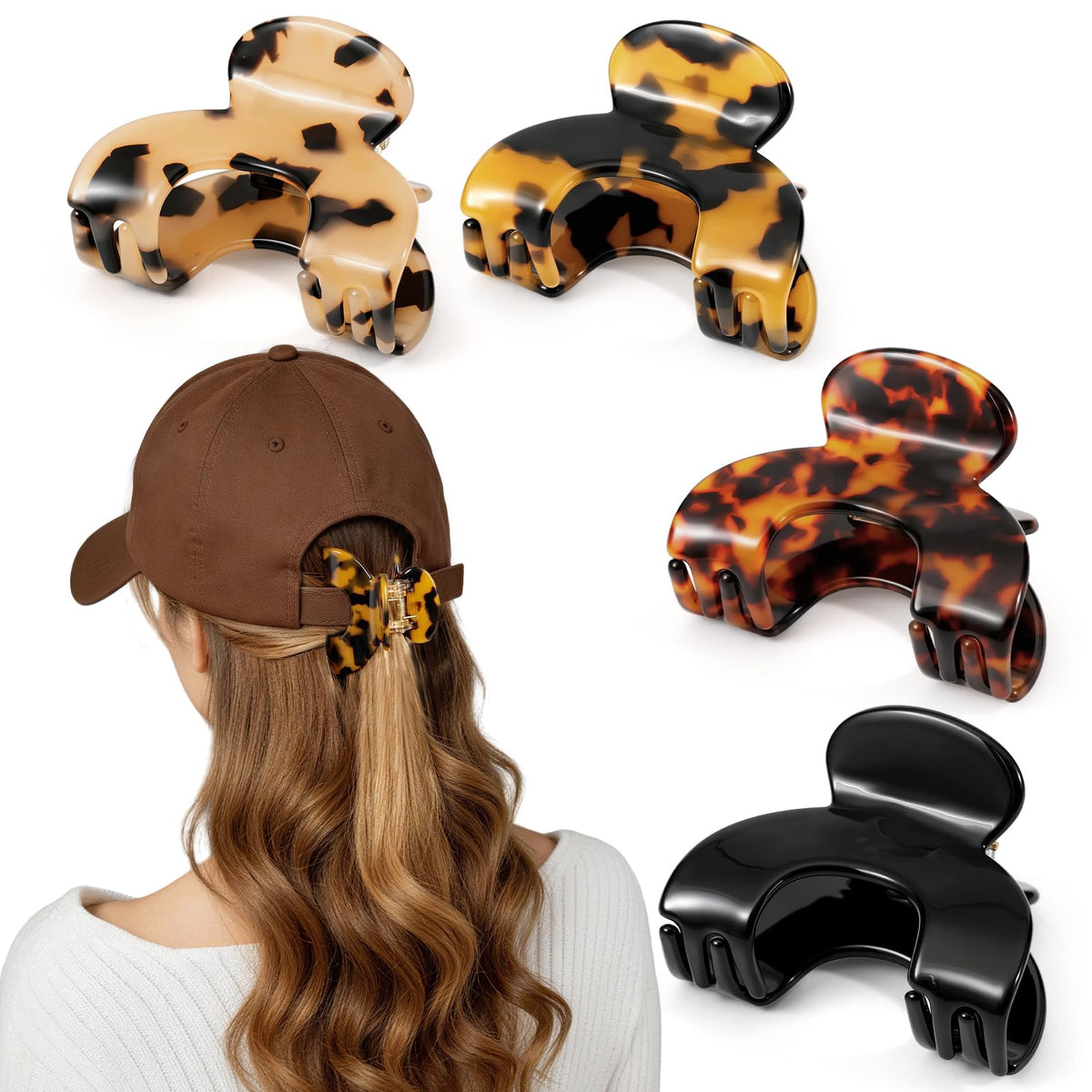 Seiolieliou front view of four compact hat claw clips, convenient everyday hold