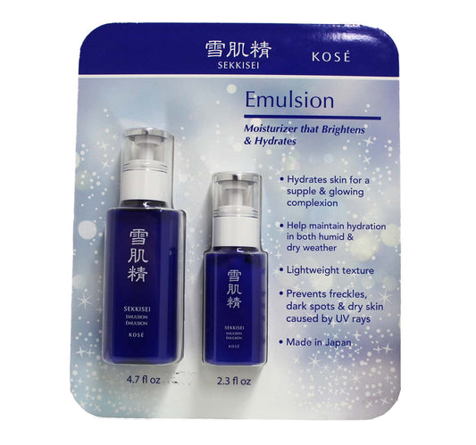 SEKKISEI emulsion front packaging showing bottles and travel-size, highlights convenience