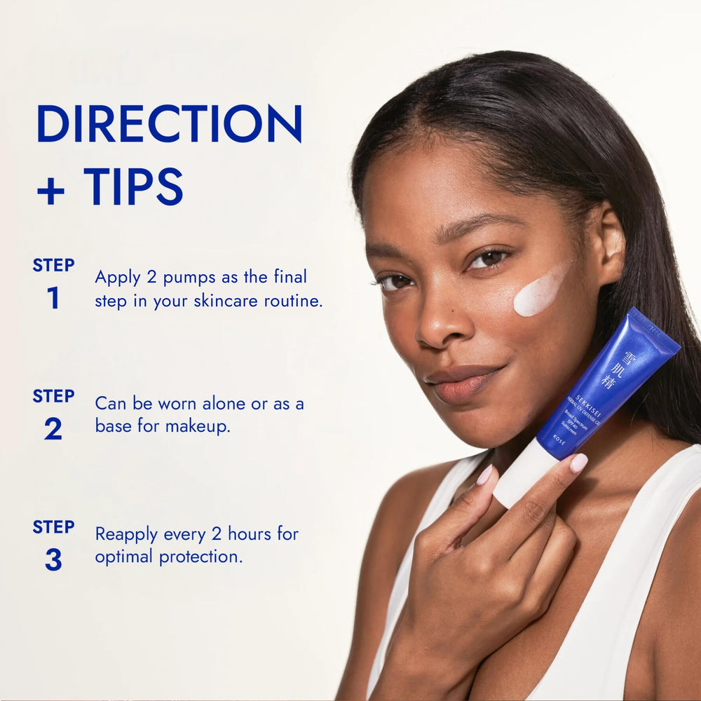SEKKISEI applying gel to cheek for smooth, non-greasy finish