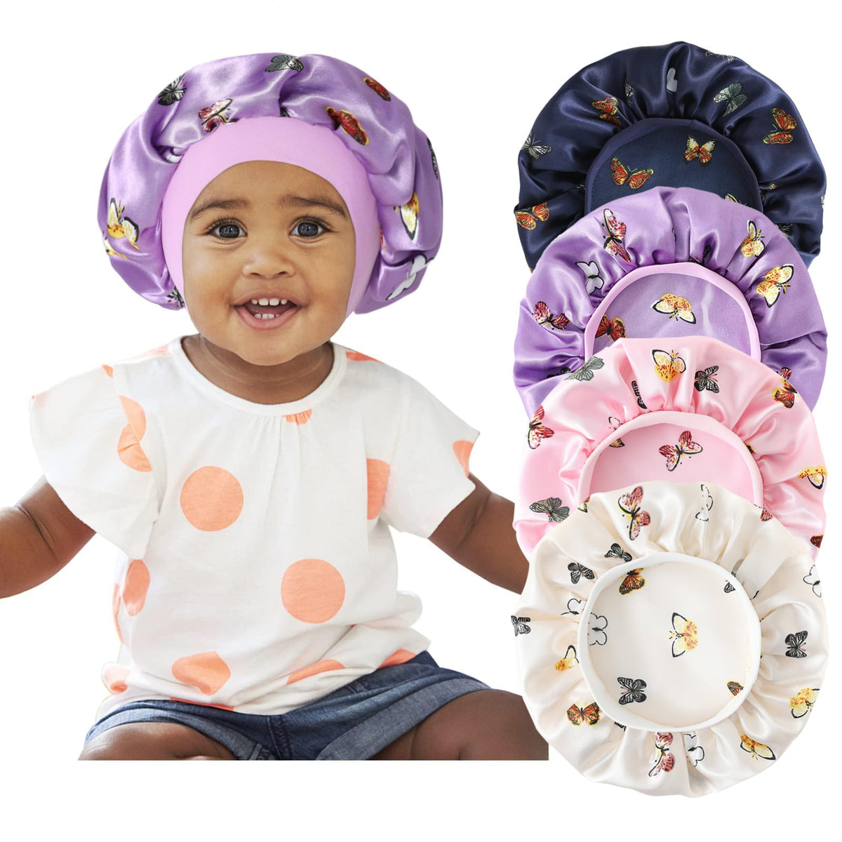 Selalu bonnet front pack view showing butterfly print and soft satin benefit