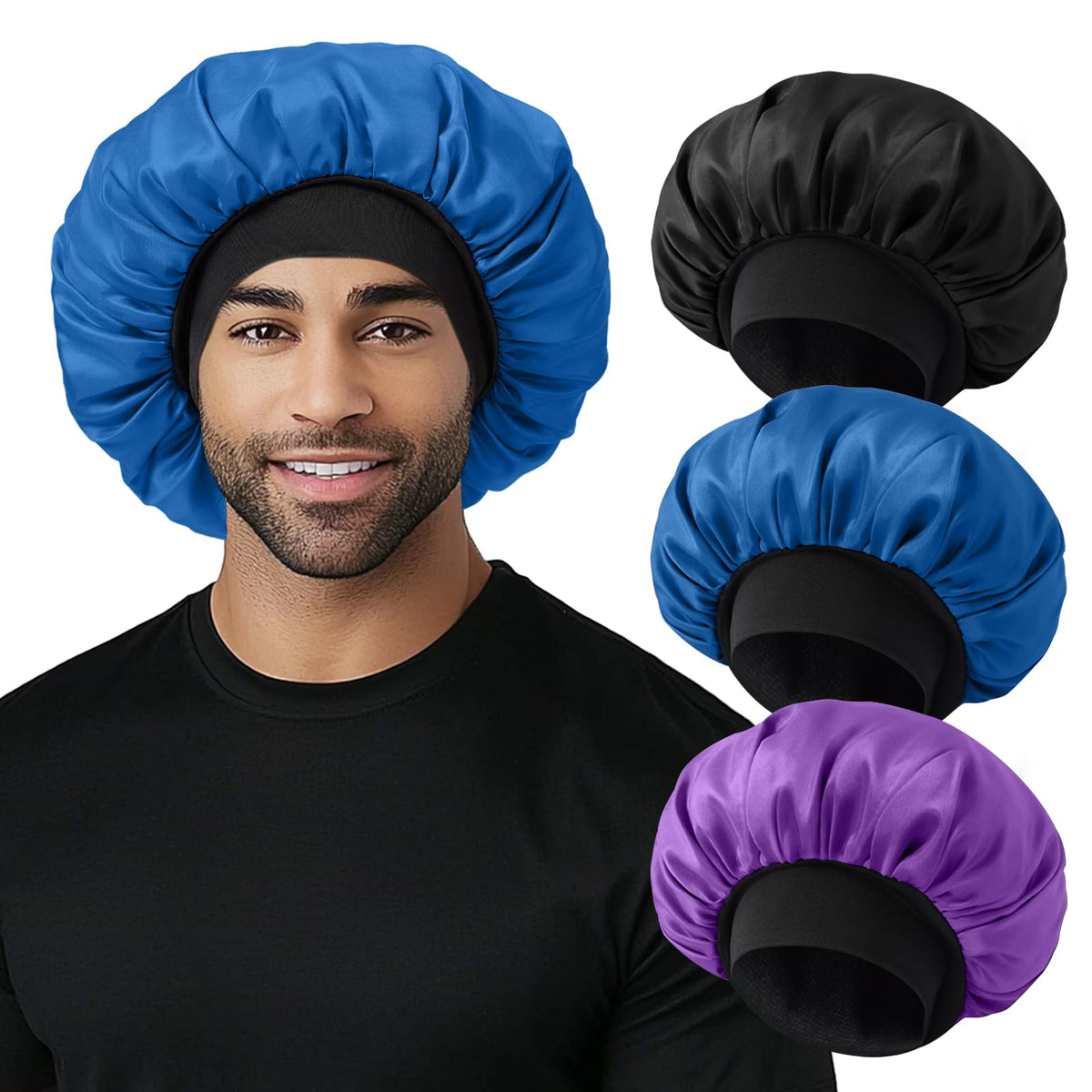 Selalu front view of three bonnets showing colors and packaging benefit convenience