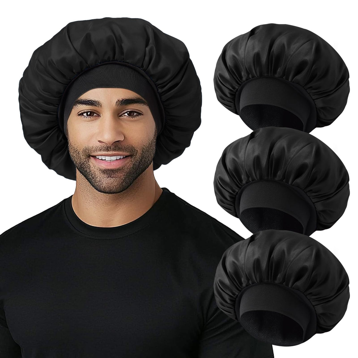 Selalu front view of three bonnets showing color options and quick protection benefit
