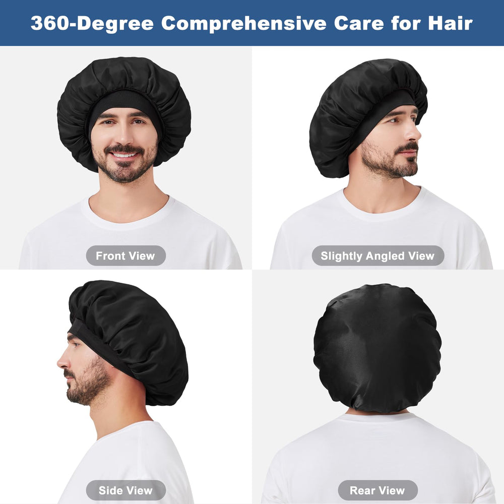 Selalu bonnet on a sleeping model illustrating hair protection and neat morning hair