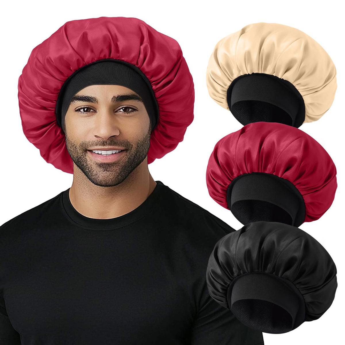 Selalu bonnet front view showing smooth satin and roomy fit benefit protection