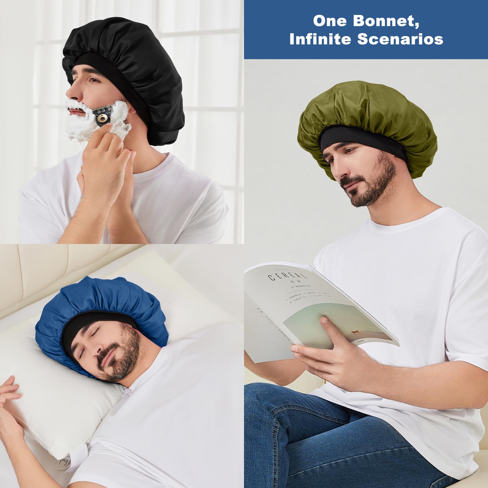 Selalu bonnet held in hand to show size and roomy fit for thick hair