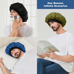 Selalu bonnet held in hand to show size and roomy fit for thick hair