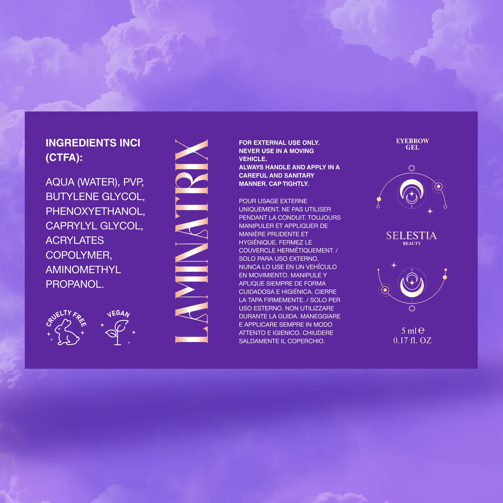 SELESTIA BEAUTY label and ingredients panel showing product information and claims