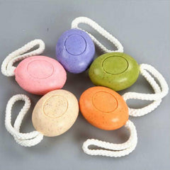 Self Cleaning soap on a rope hanging in shower, demonstrating easy access and reduced sogginess benefit