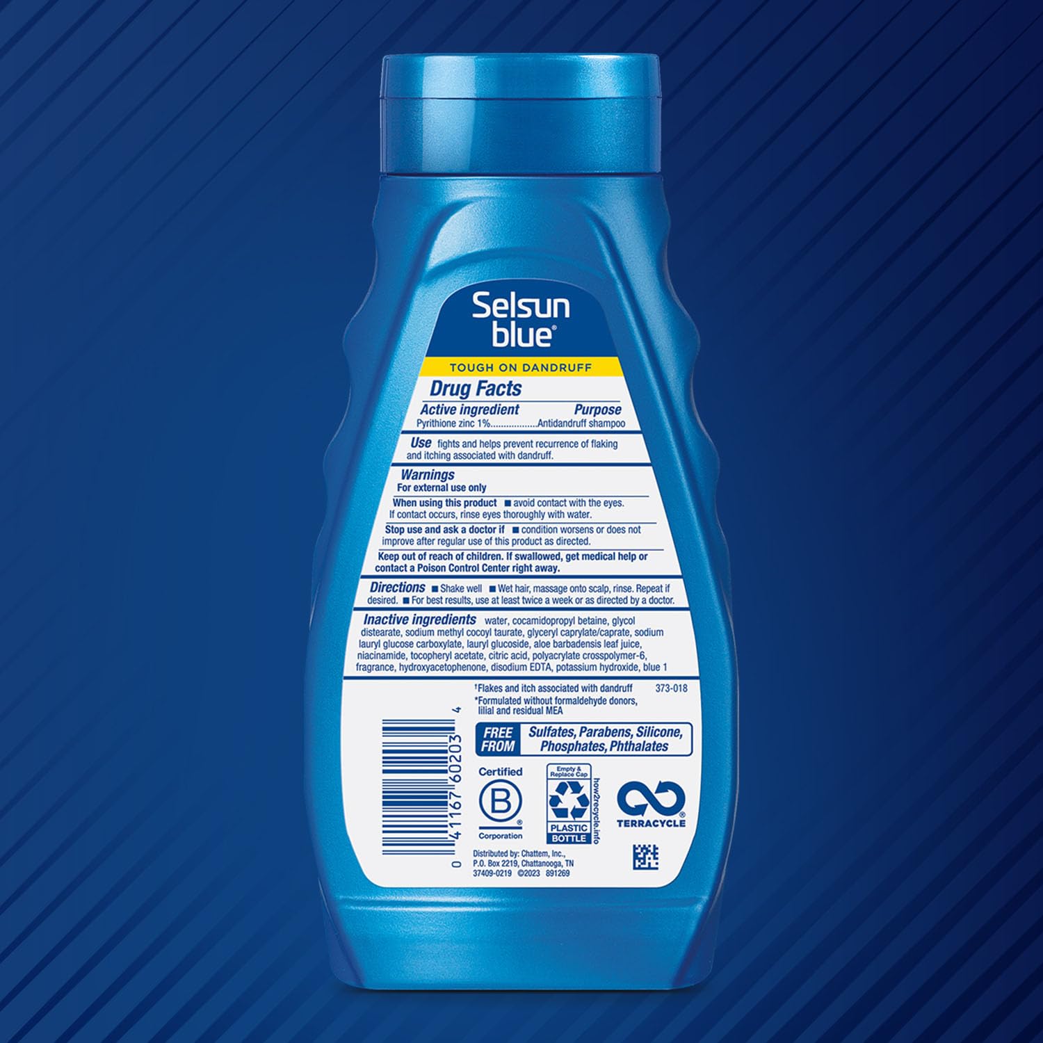 Close-up of Selsun Blue label highlighting active ingredient and benefits