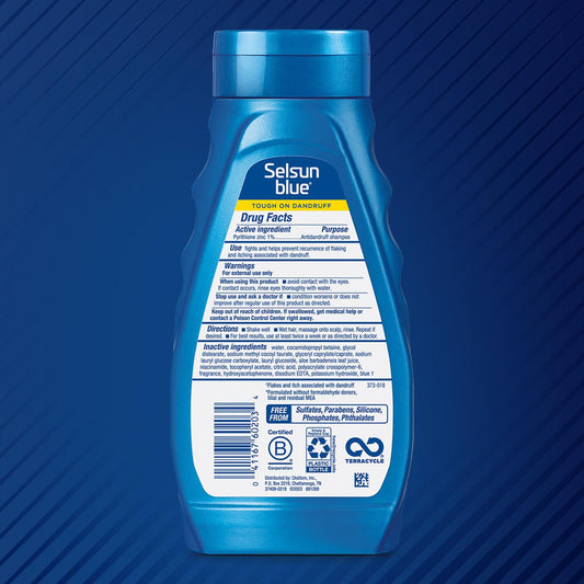 Close-up of Selsun Blue label highlighting active ingredient and benefits
