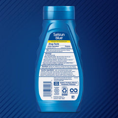 Close-up of Selsun Blue label highlighting active ingredient and benefits
