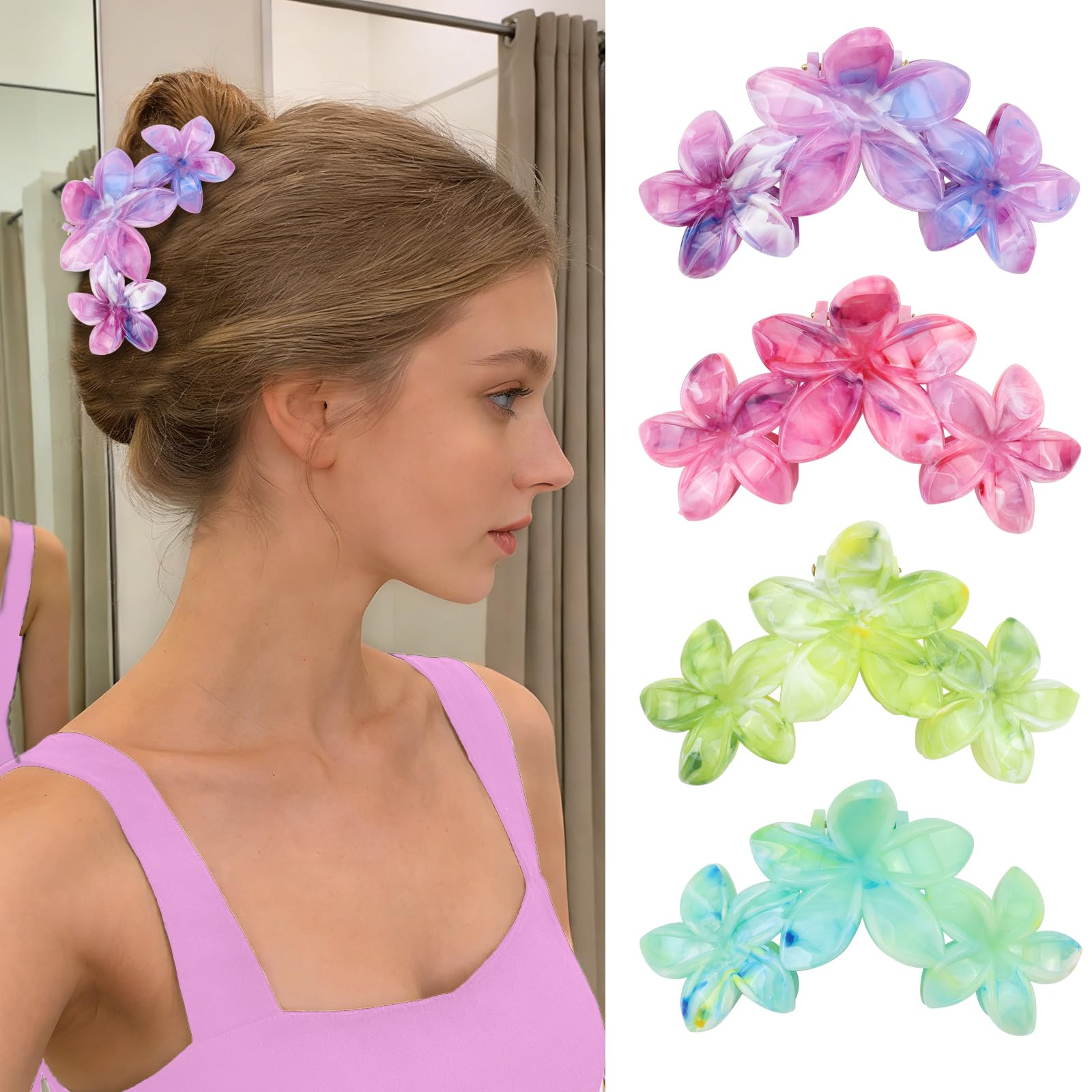 SEMATA front view of four floral claw clips showing glossy finish and colors