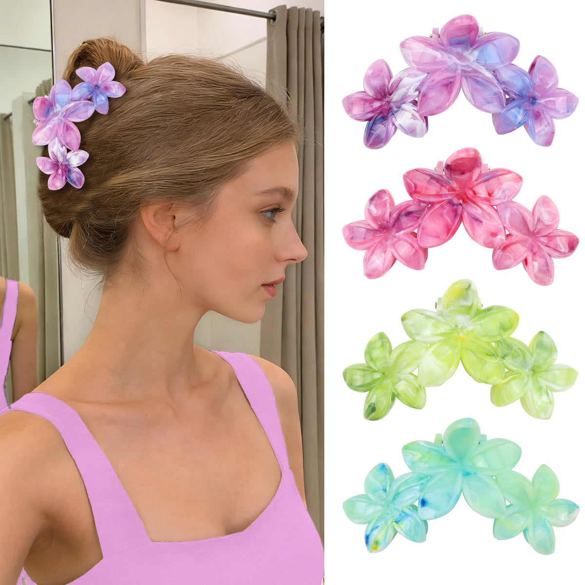 SEMATA front view of four floral claw clips showing glossy finish and colors