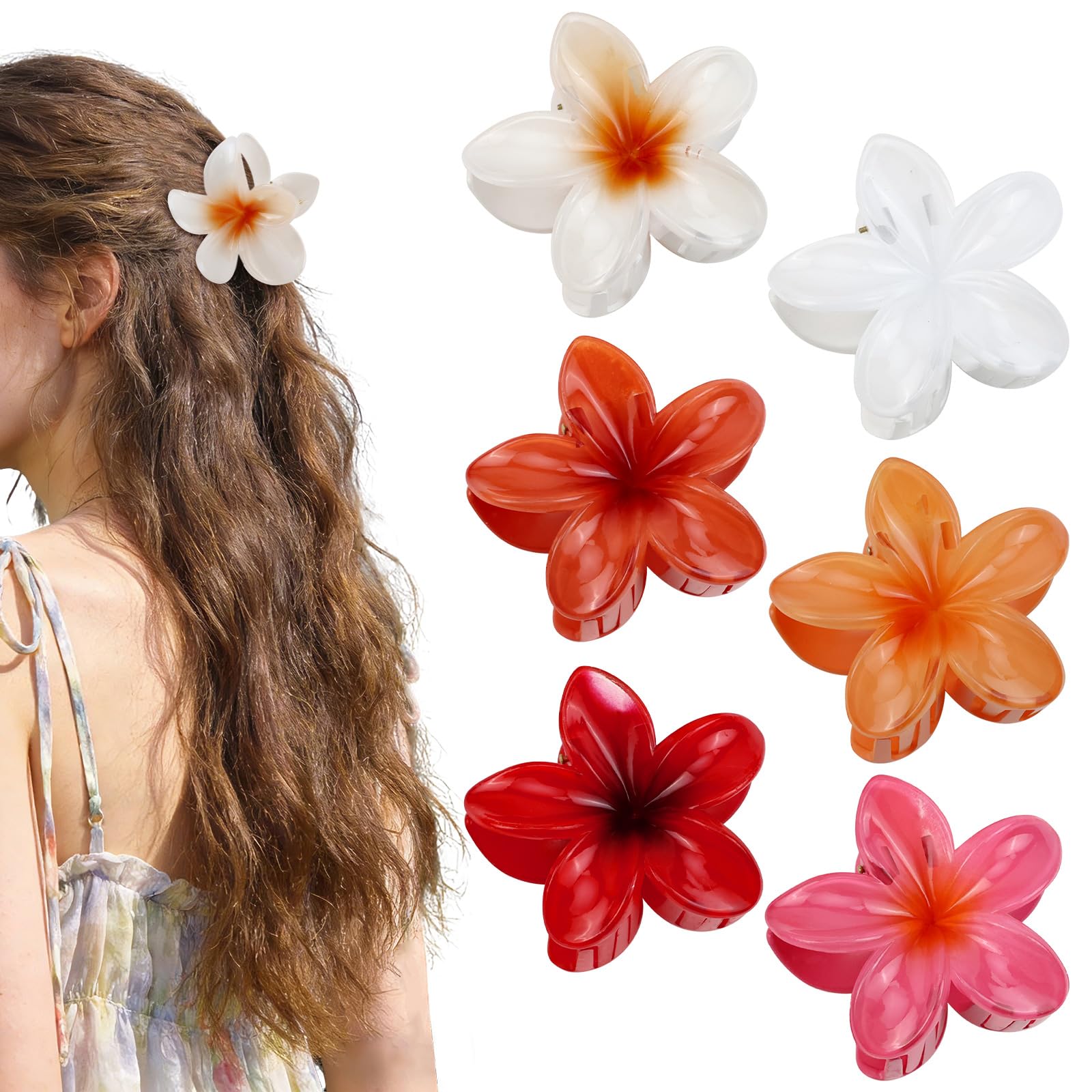 SEMATA front view of six colorful hibiscus claw clips showing vibrant assortment and benefit of choice