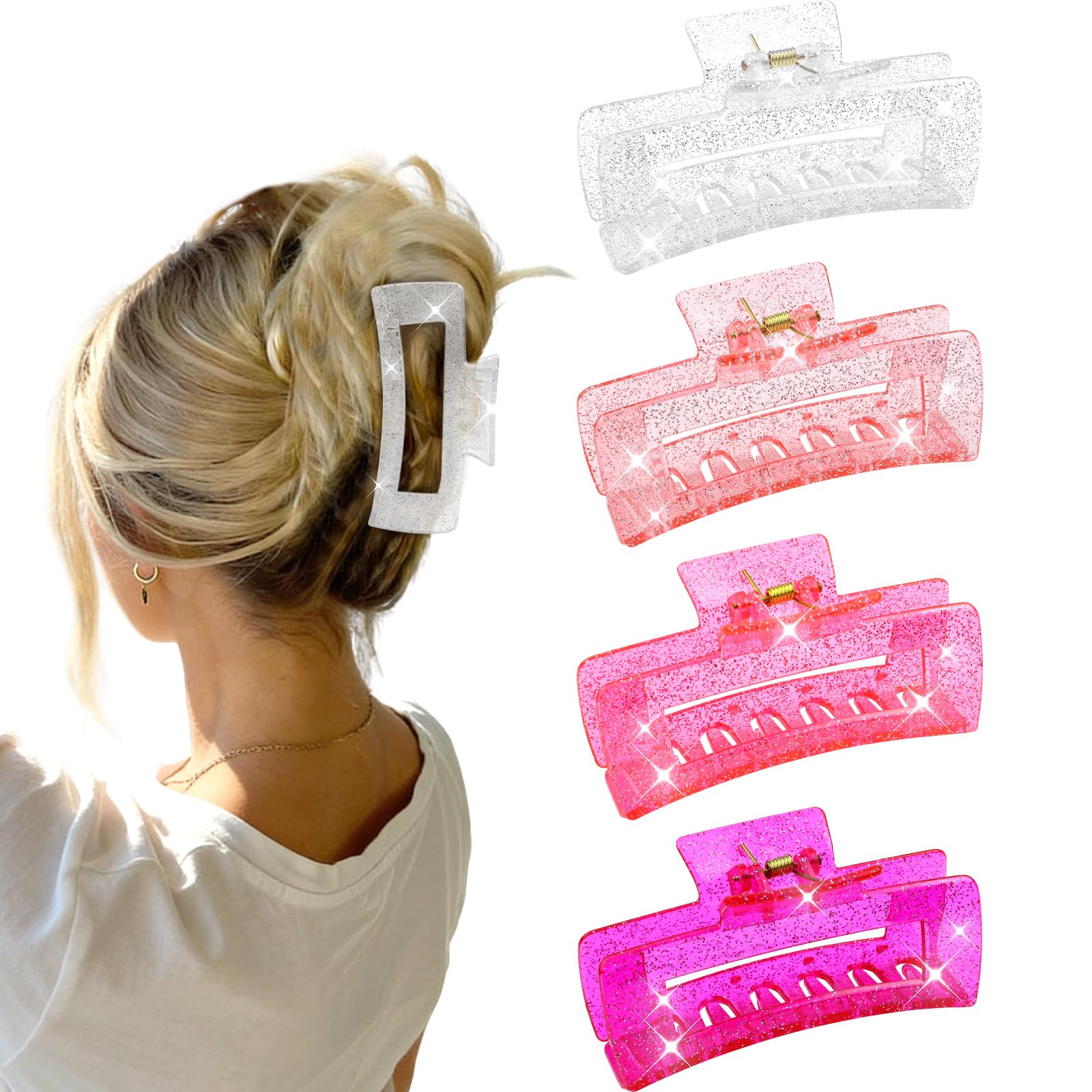 SEMATA front view of four glitter square claw clips showing colors and fashion appeal