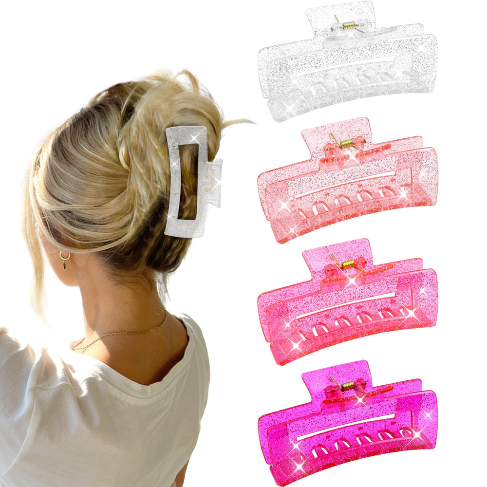 SEMATA front view of four glitter square claw clips showing colors and fashion appeal