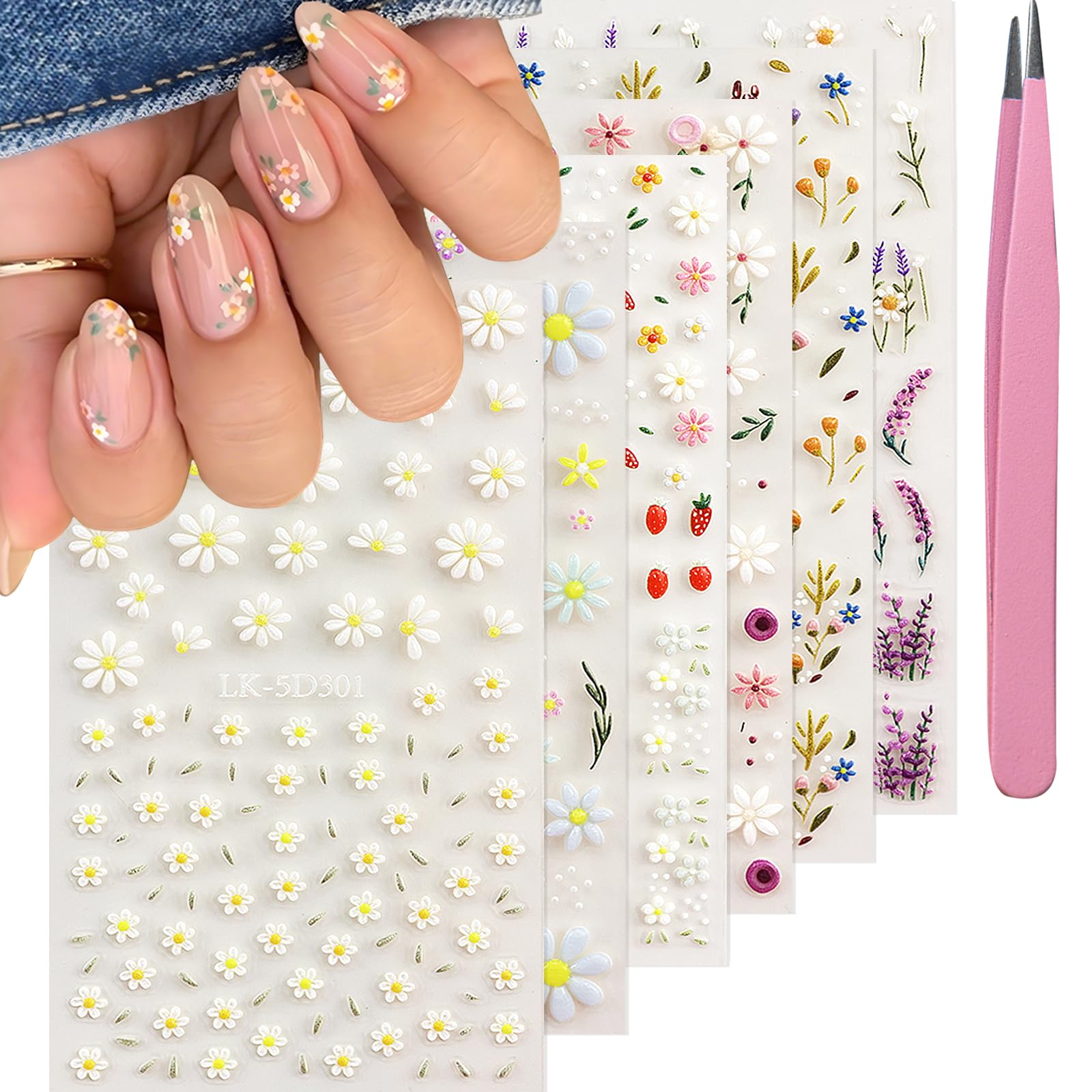 SEMATA front packaging showing five floral sticker sheets and included tweezer for convenience