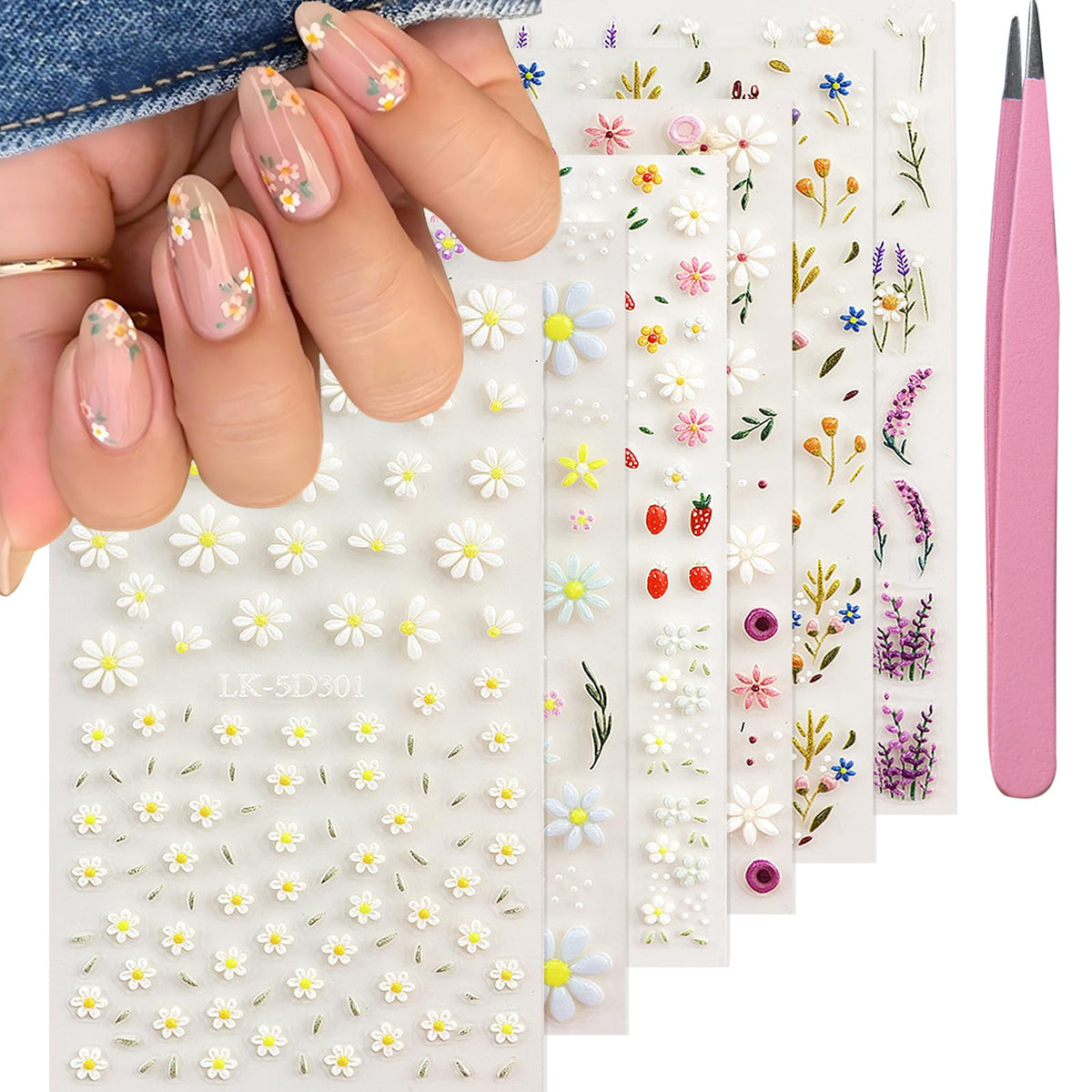 SEMATA front packaging showing five floral sticker sheets and included tweezer for convenience
