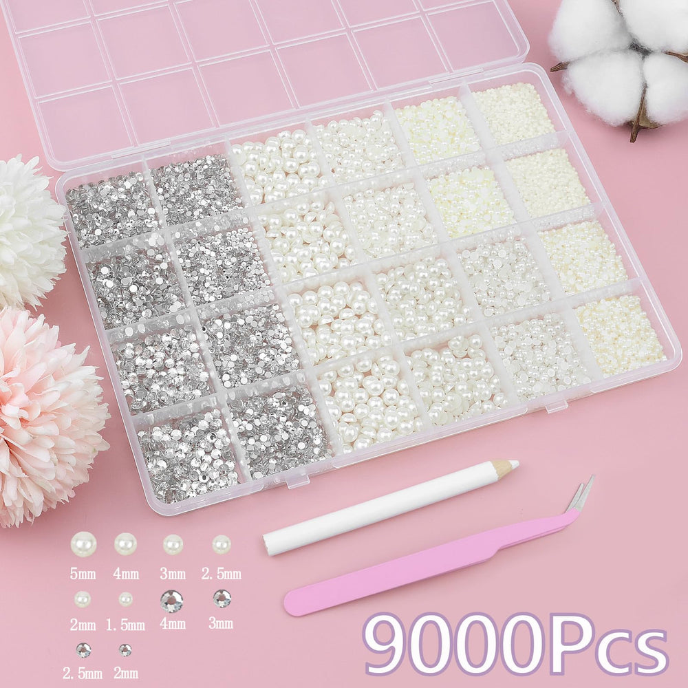 SEMATA mixed silver rhinestones and pearls spread to show size variety