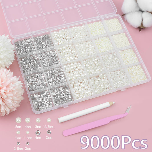 SEMATA mixed silver rhinestones and pearls spread to show size variety