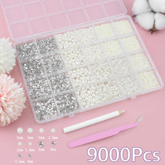 SEMATA mixed silver rhinestones and pearls spread to show size variety
