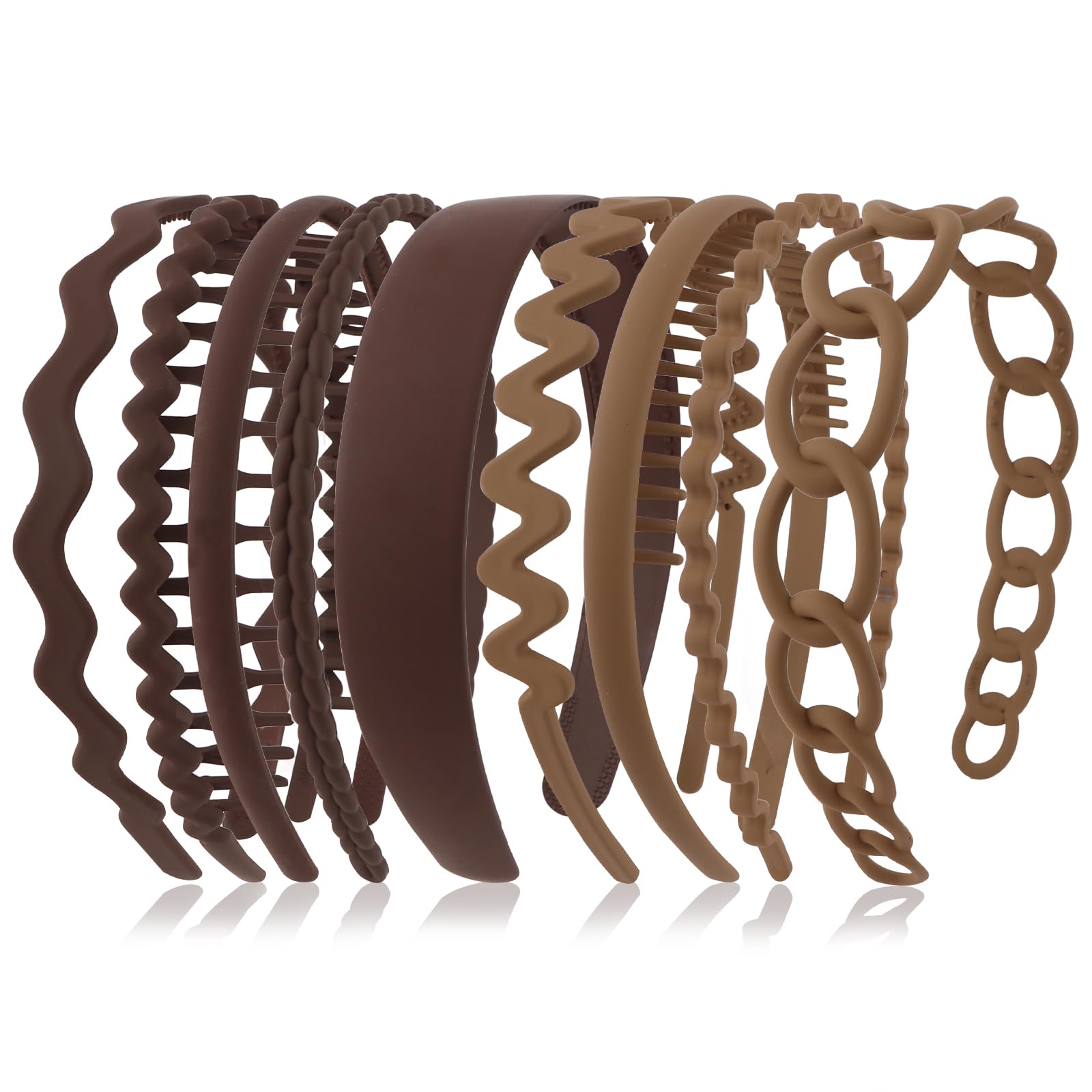 Semato front view of nine brown headbands showing variety and everyday styling benefit