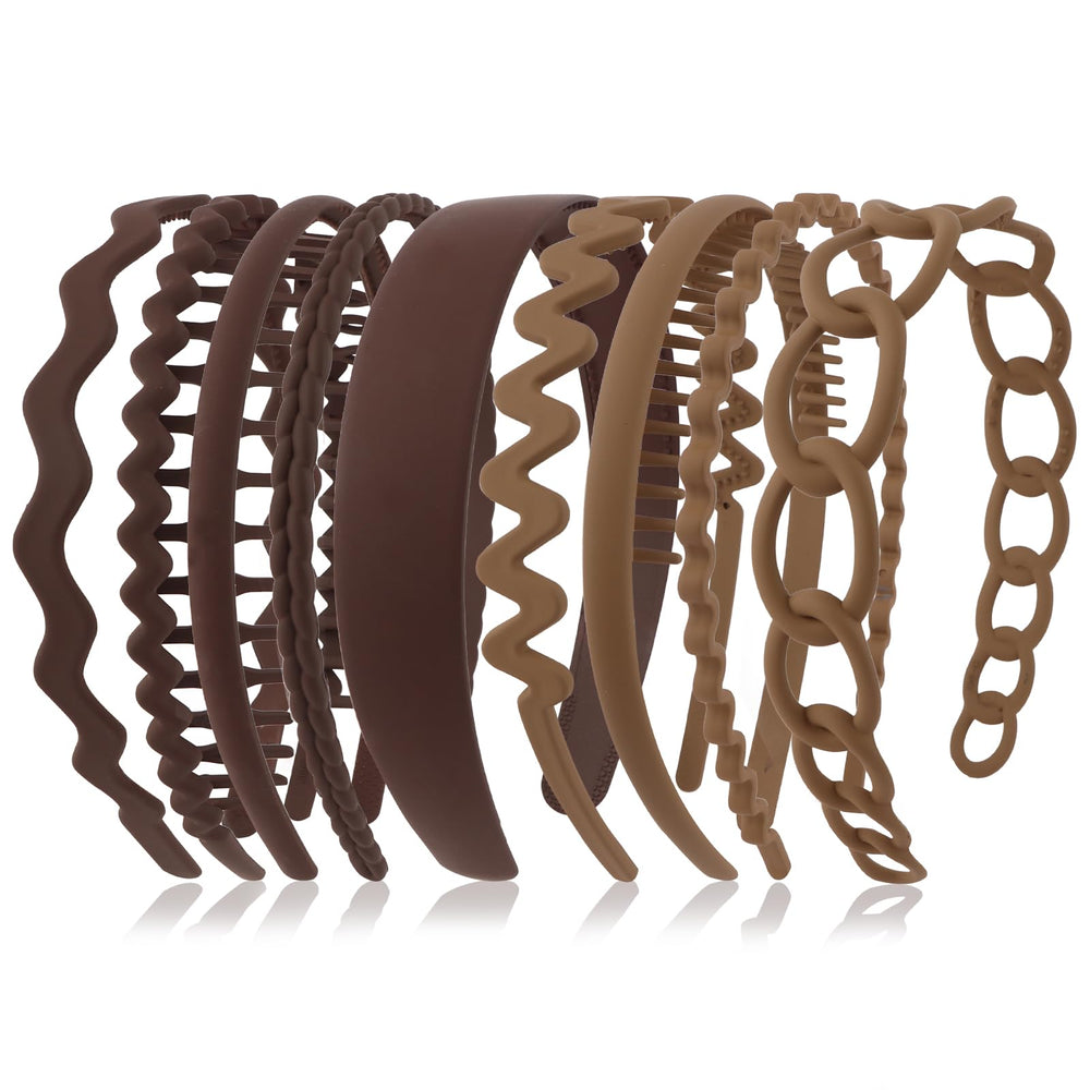 Semato front view of nine brown headbands showing variety and everyday styling benefit