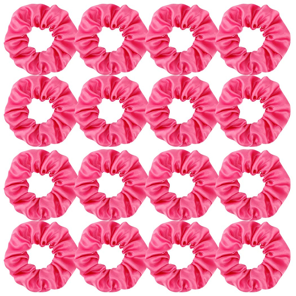 Semato front packaging of 16 hot pink satin scrunchies shows value and matching set