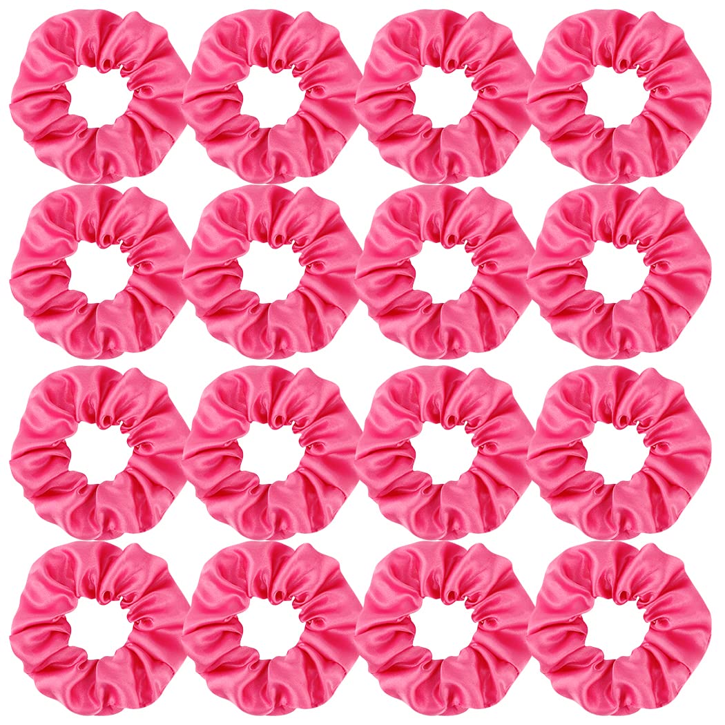 Semato front packaging of 16 hot pink satin scrunchies shows value and matching set