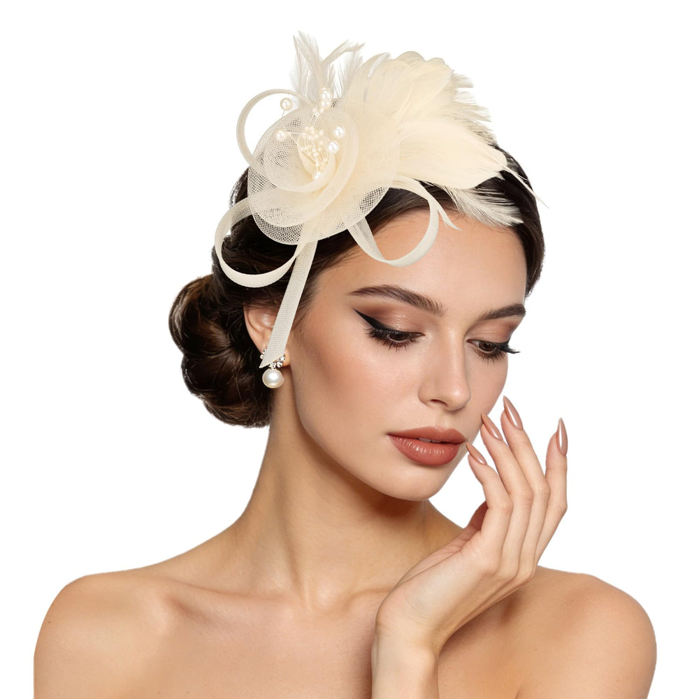 Semato front view showing elegant champagne fascinator and wearable shape