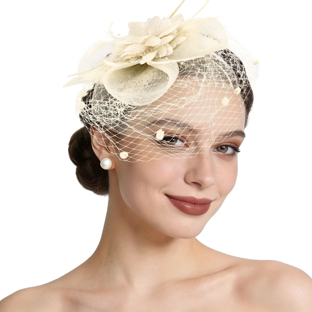 Semato front view champagne fascinator showing elegant silhouette and balance