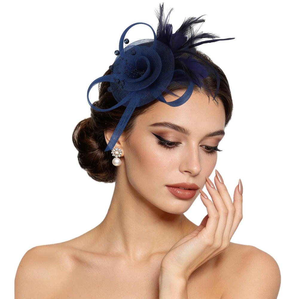 Semato navy fascinator front view showing elegant shape and balance