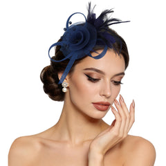Semato navy fascinator front view showing elegant shape and balance