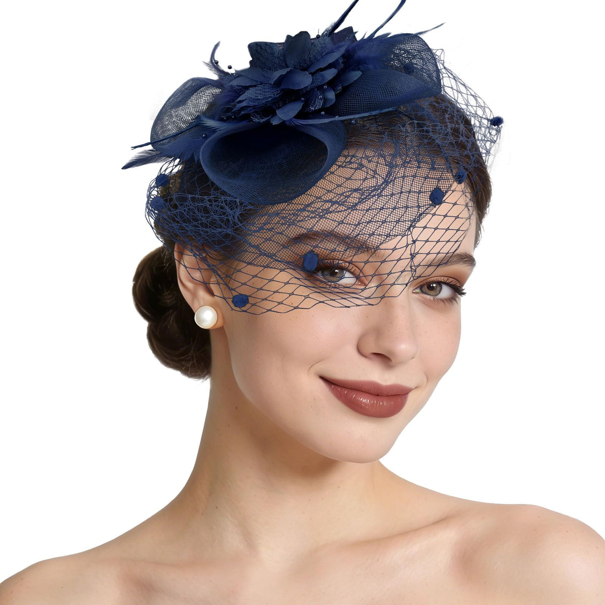 Semato fascinator front view showing navy elegance and event-ready styling