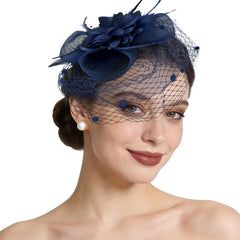 Semato fascinator front view showing navy elegance and event-ready styling