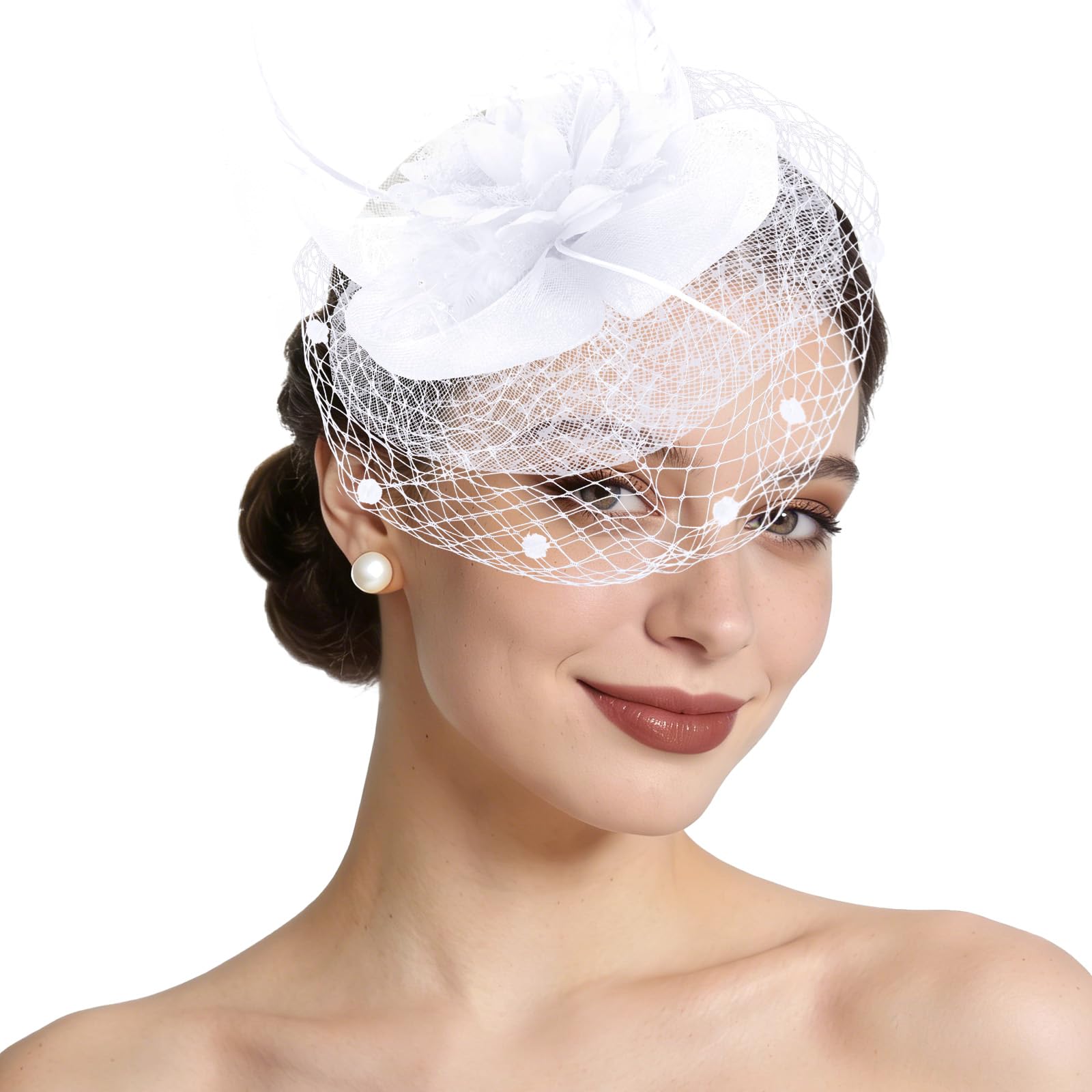 Semato white fascinator front view shows elegant silhouette and event-ready styling
