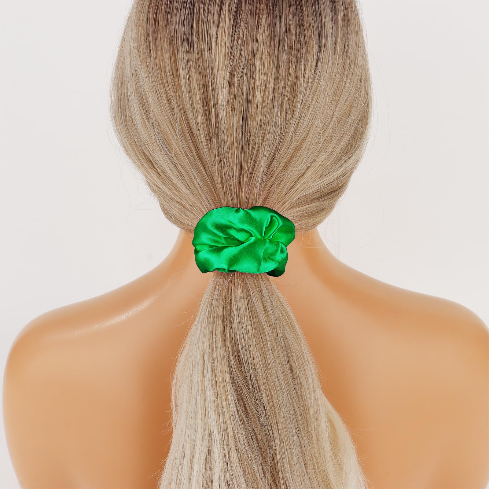 Semato sixteen green scrunchies lined up showing uniform color and quantity benefit team matching