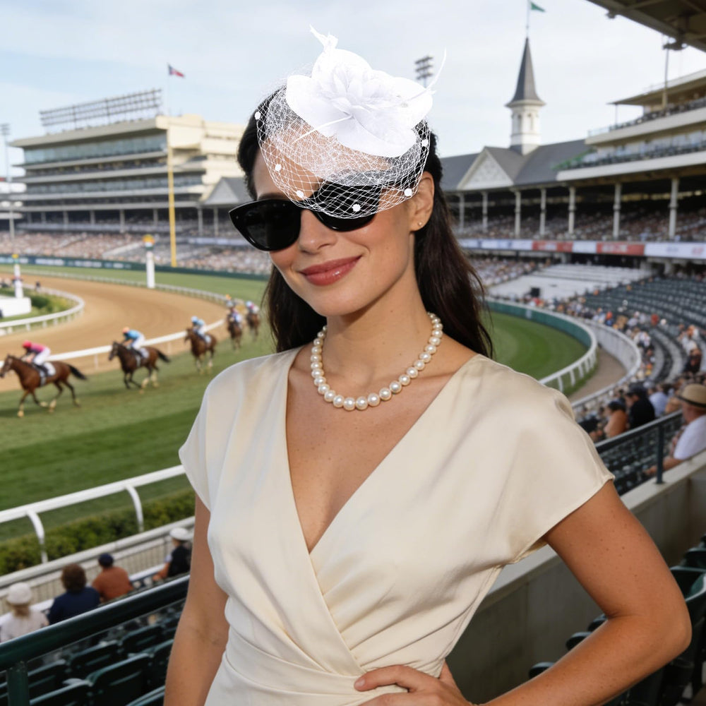 Semato fascinator styled at a tea party demonstrating polished outfit enhancement benefit