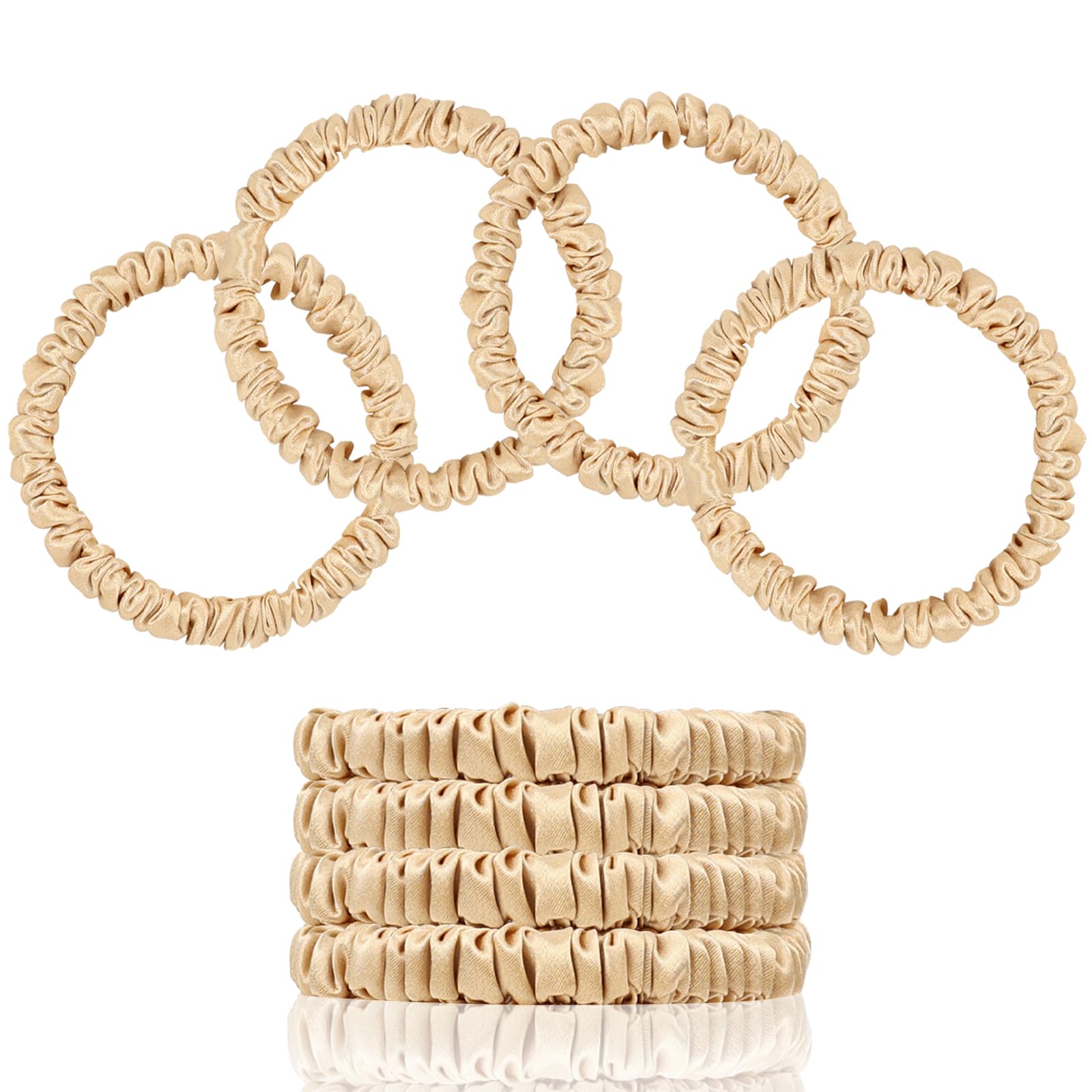 SEMRUE front view of four champagne gold silk scrunchies showing neat packaging and luxury appeal