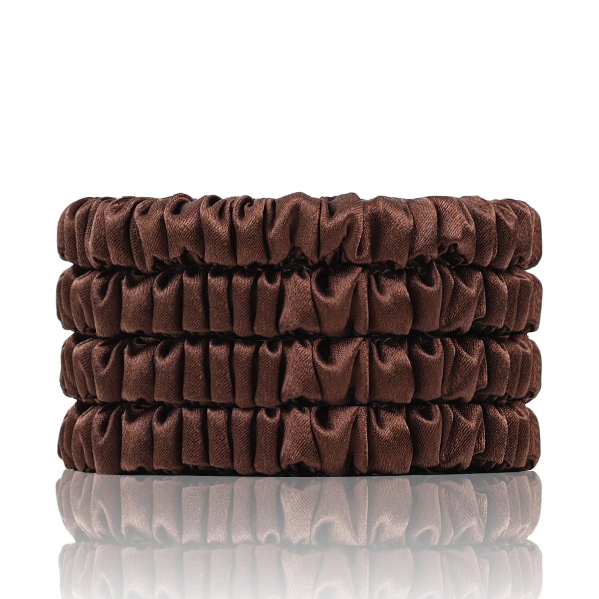 SEMRUE front packaging box showing four brown silk scrunchies, gift-ready